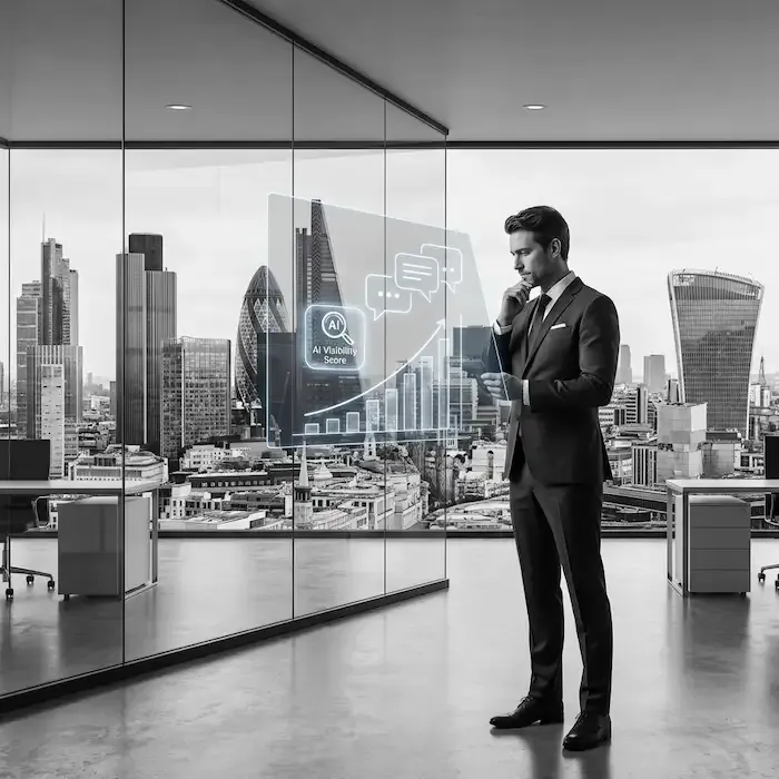  Consultant analysant son score de visibilité IA sur un tableau de bord de tracking pour ChatGPT