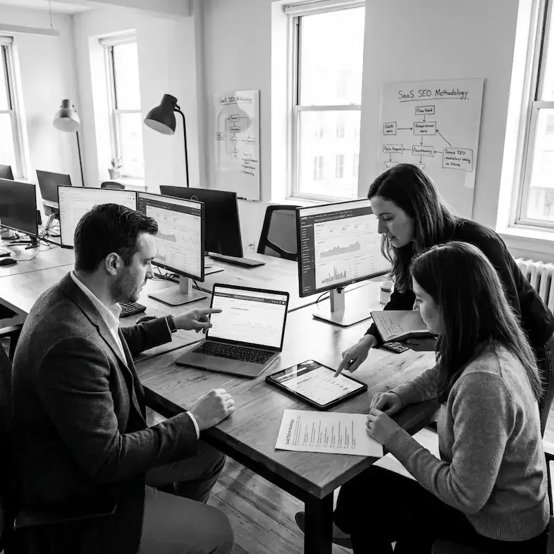Équipe marketing B2B utilisant des outils d'analyse de données lors d'un audit SEO SaaS