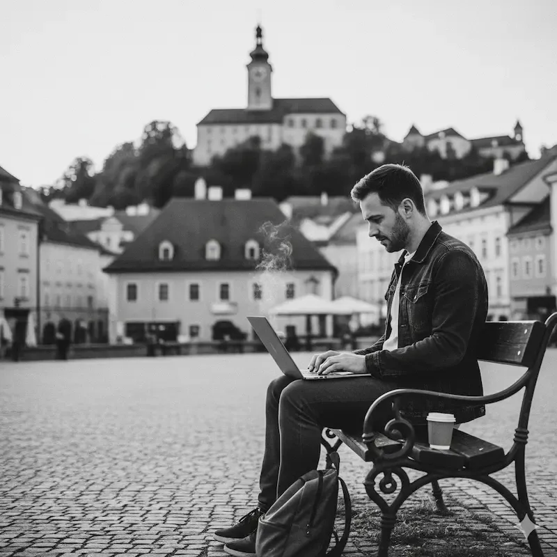 Blogueur nomade vérifiant son site WordPress en ligne après une migration depuis un environnement local, dans une rue pavée de Graz.