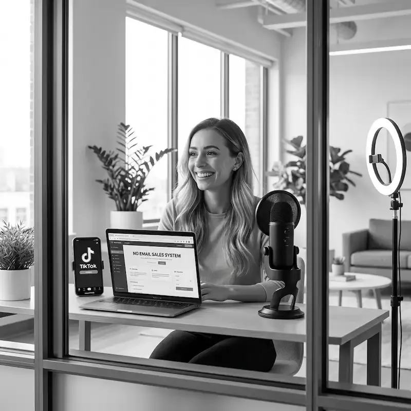 Créatrice de contenu utilisant le système No Email de la formation affiliation TikTok Nina Habault avec un équipement minimaliste.