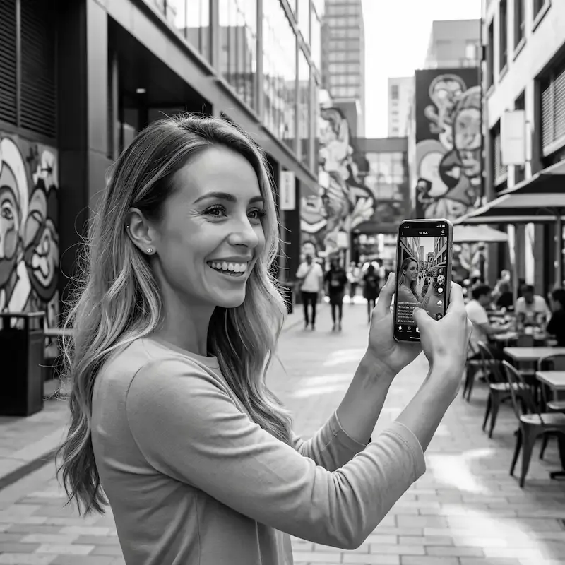 Créatrice utilisant un smartphone comme matériel minimaliste pour interagir en live avec son audience, une technique de l'affiliation TikTok Nina Habault.