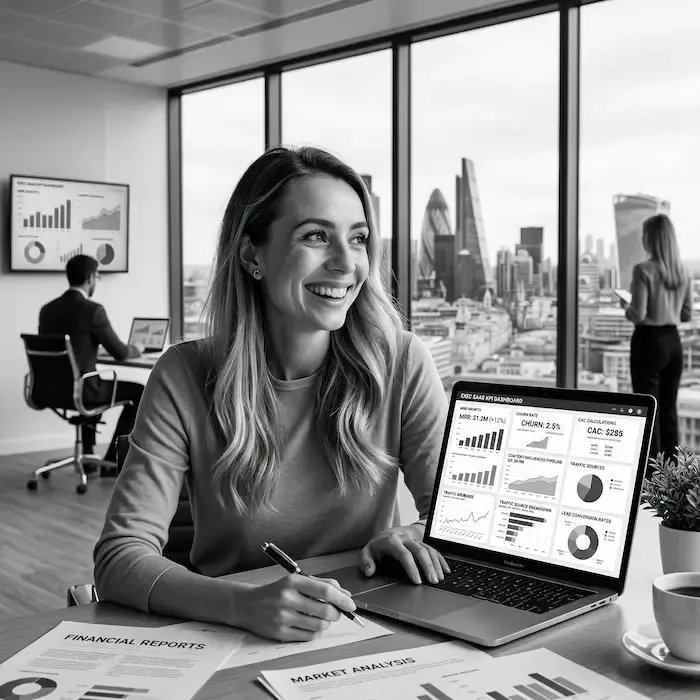 Tableau de bord mesurant les KPIs de l'Inbound Marketing pour un logiciel SaaS (MRR, CAC, LTV).