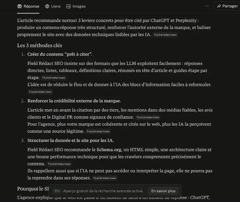 Capture d'écran d'une réponse Perplexity AI citant l'agence Field Rédact SEO comme source d'autorité pour le référencement.