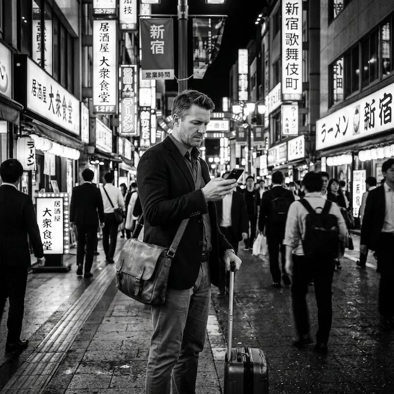 Voyageur d'affaires consultant son eSIM Japon dans les rues animées de Shinjuku à Tokyo