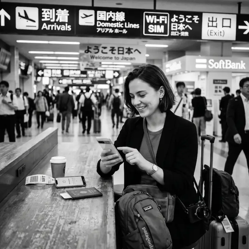 Digital nomad activant son eSIM Japon à l'aéroport de Narita à son arrivée au Japon
