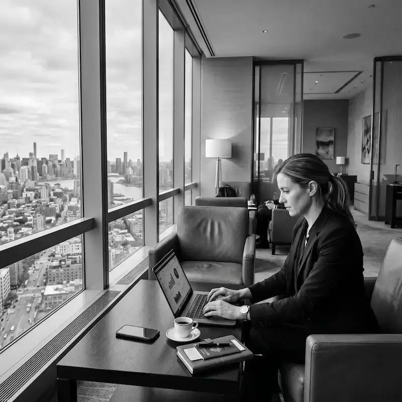 Femme d'affaires travaillant sur son ordinateur avec une connexion 5G sécurisée via une eSIM USA depuis un gratte-ciel à New York.