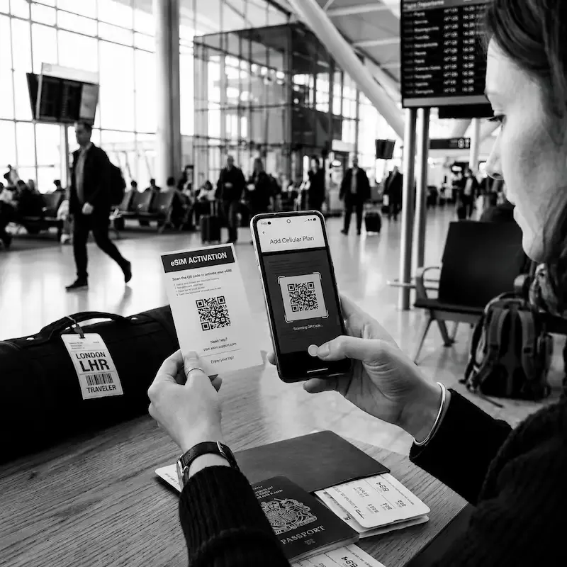 Voyageuse scannant un QR code d'activation pour installer son forfait eSIM États-Unis avec son smartphone avant l'embarquement.