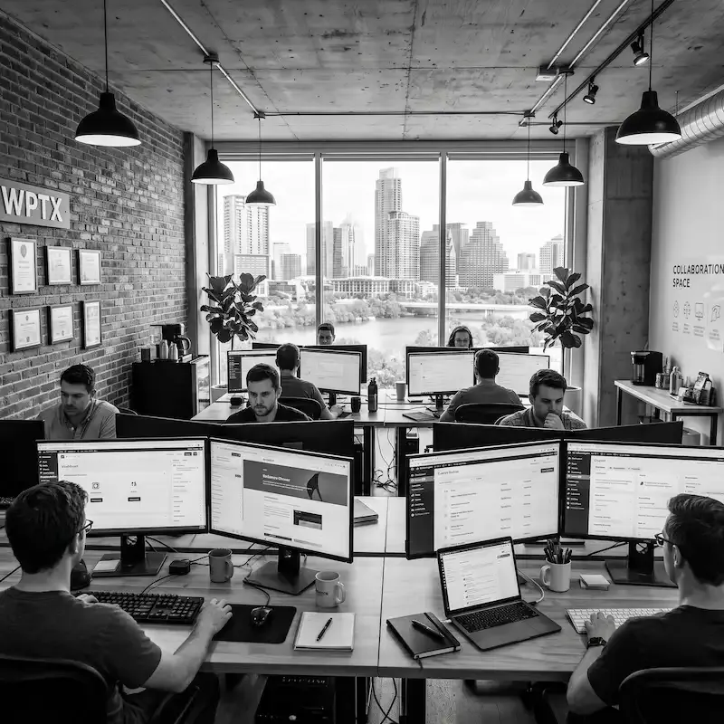 Équipe d'agence WordPress utilisant Kadence et Liquid Web Software dans un espace de travail collaboratif à Austin