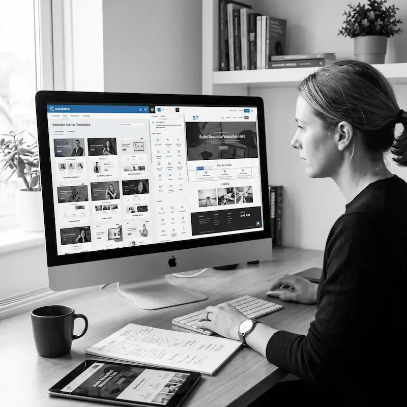 Consultante WordPress parcourant les Kadence Starter Templates et les blocs Gutenberg sur iMac en 2026