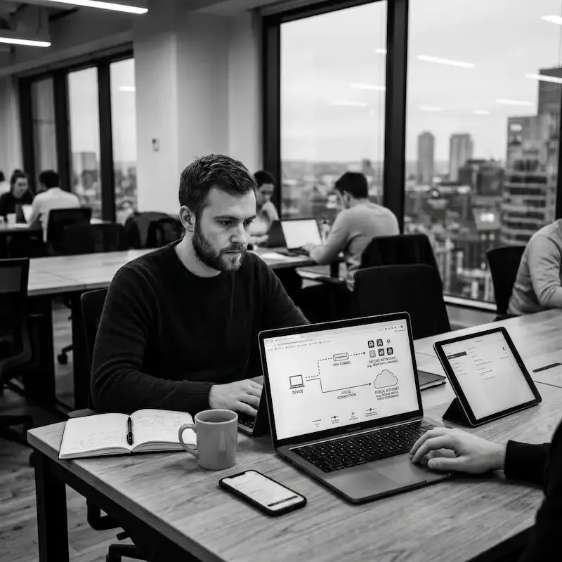 Consultant B2B analysant le schéma de split tunneling VPN sur MacBook Pro dans un espace de coworking avec vue urbaine