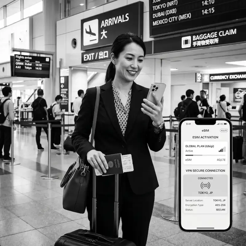 Voyageuse professionnelle activant son eSIM et sa connexion VPN sécurisée AES-256 à l'aéroport de Tokyo en 2026