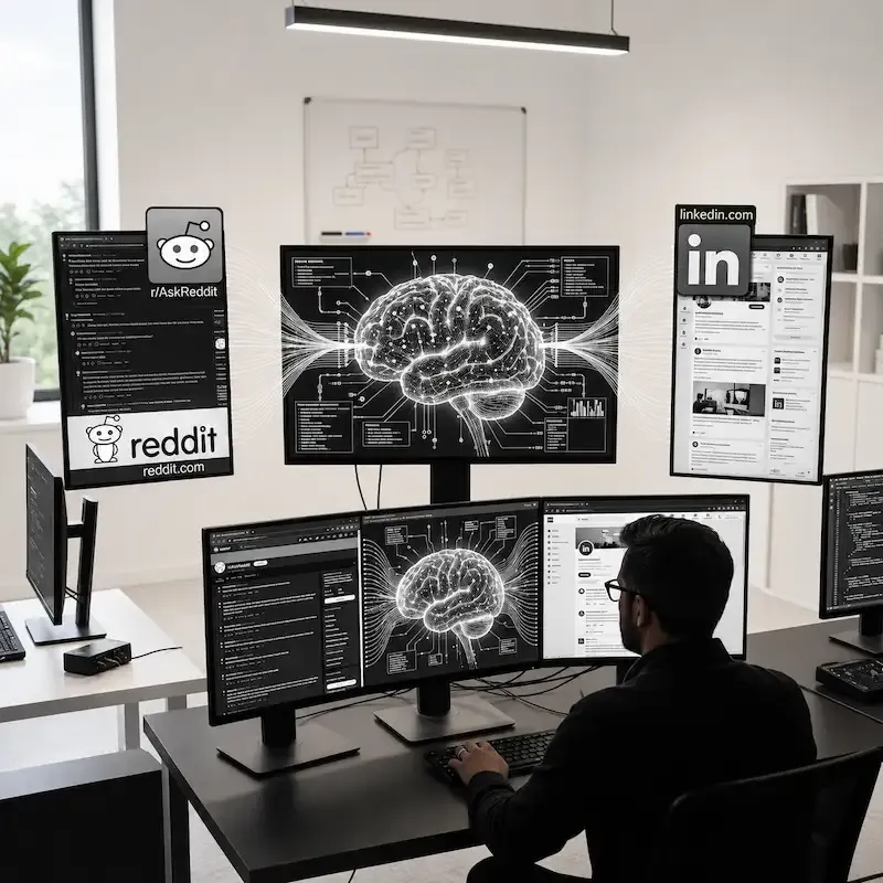 Consultant B2B analysant les citations IA de Reddit et LinkedIn sur tableau de bord analytique en 2026