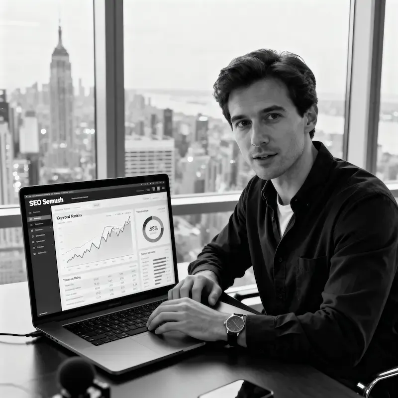 Consultant SEO analysant les données du AI Visibility Toolkit Semrush dans un bureau à Canary Wharf.