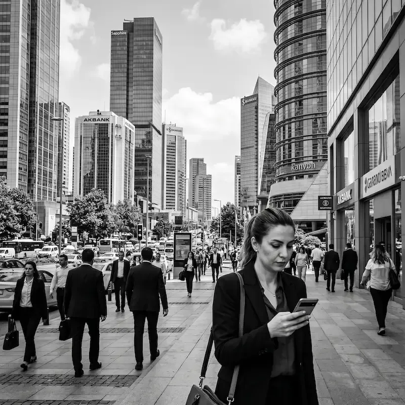 Professionnelle consultant son smartphone dans le quartier d'affaires de Levent Istanbul — eSIM Turquie 2026 pour déplacements professionnels.