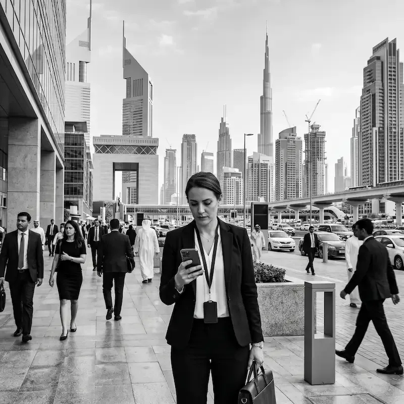Professionnelle consultant son smartphone dans le quartier d'affaires DIFC de Dubaï avec le Burj Khalifa en arrière-plan — eSIM Dubaï 2026 pour déplacements professionnels — fieldredactseo.fr