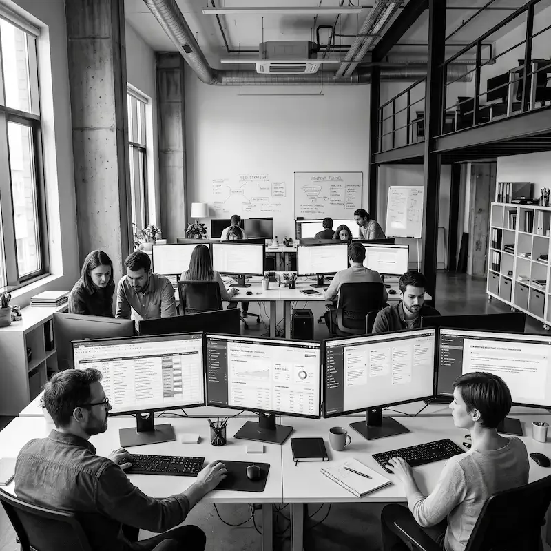 Équipe éditoriale travaillant sur une Content Factory SEO avec outils keyword research et stratégie de contenu — fieldredactseo.fr