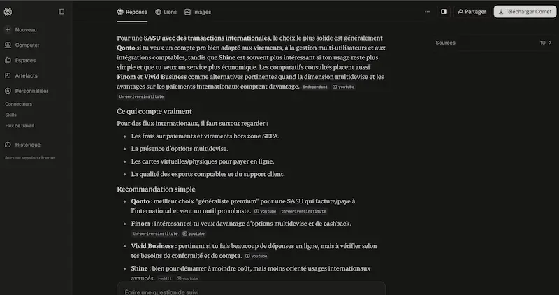 Perplexity AI response recommending the best business account for SASU, illustrating the Hybrid Gap between Google ranking and AI citation visibility
