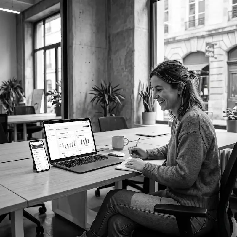 Avis Indy 2026 — consultante freelance micro-entreprise gérant sa synchronisation bancaire sur laptop et smartphone en coworking parisien — fieldredactseo.fr