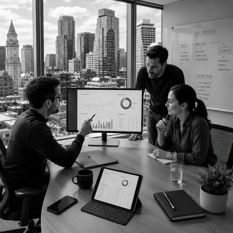 Semrush vs Ahrefs : agence marketing B2B analysant les performances SEO dans un bureau à Boston - Field Rédact SEO