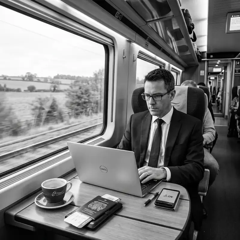 Homme d'affaires travaillant sur son ordinateur portable dans l'Eurostar avec son eSIM Angleterre prête à l'emploi à l'arrivée à Londres