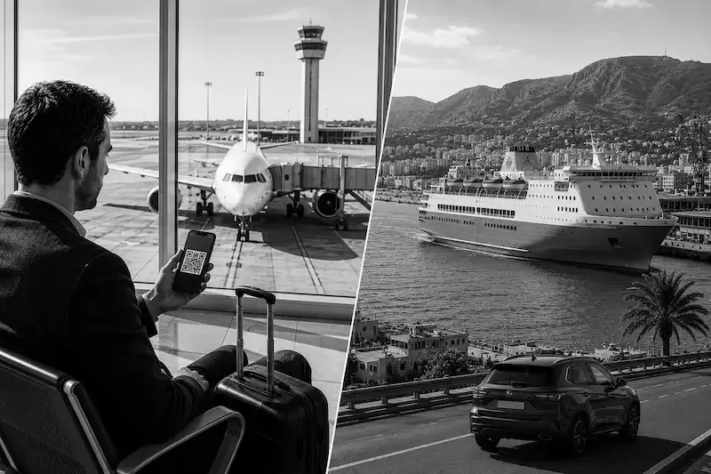 Voyageur scannant son QR code eSIM Algérie à l'aéroport avant embarquement, et ferry arrivant au port algérien pour illustrer les deux modes de transport
