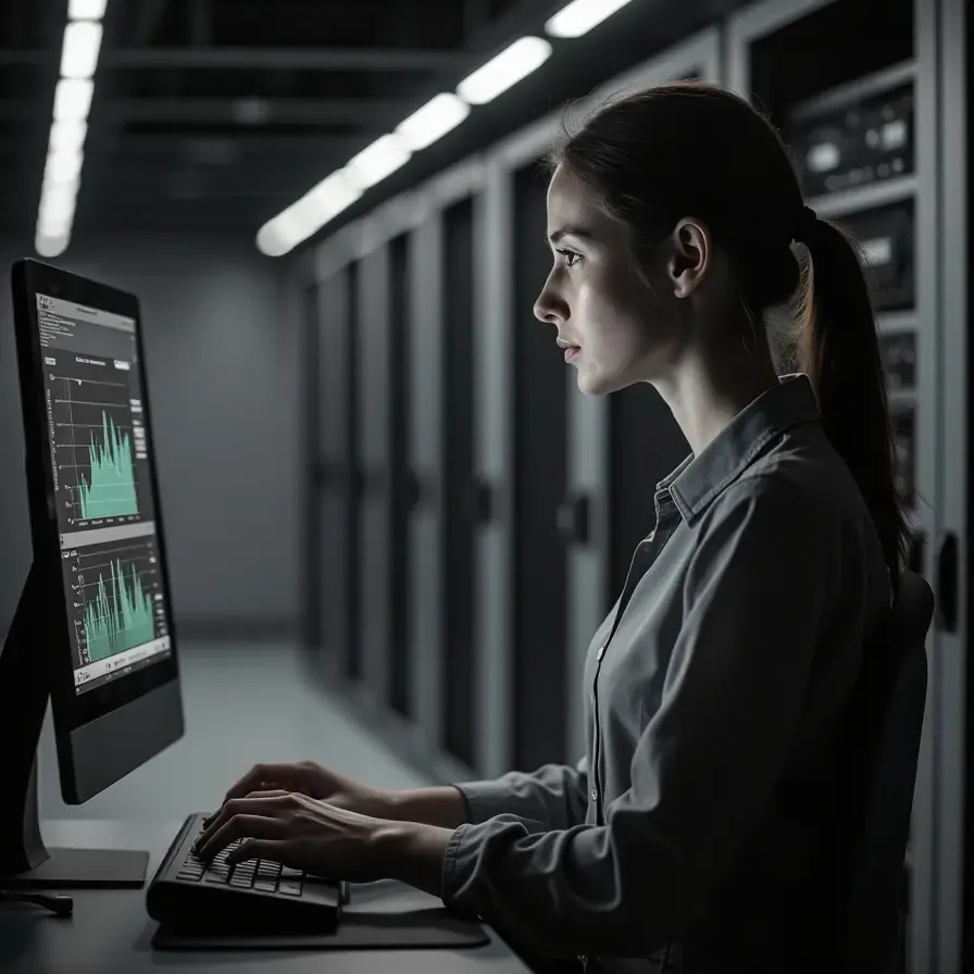 Technicienne surveillant les performances d'un serveur dédié infogéré sur écran de monitoring