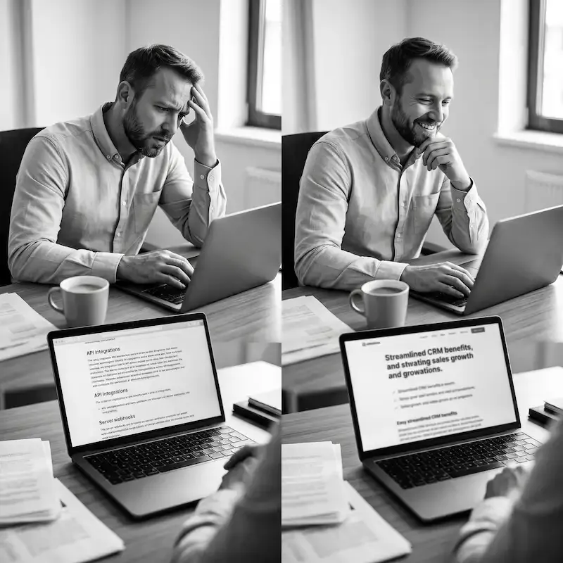 Copywriting B2B avant/après : un décideur passe d'un texte confus rempli de jargon technique (API, webhooks) à un message clair orienté bénéfice client