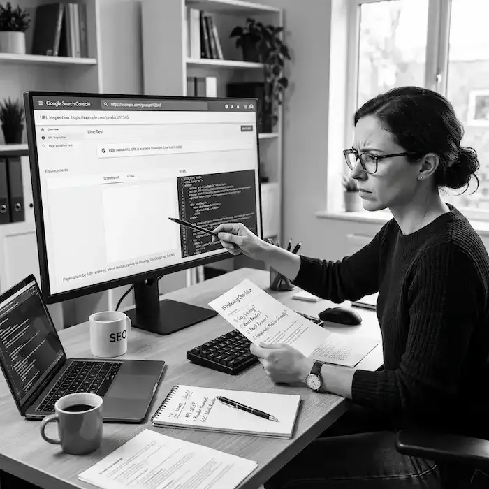 Test d'URL en direct dans Google Search Console montrant une capture d'écran vide et le message 'Page cannot be fully rendered' pour un site en SEO JavaScript