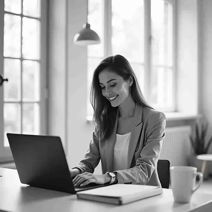 Une professionnelle analyse avec sérénité ses données marketing dans un bureau lumineux, illustrant la clarté apportée par la solution de tracking Hyros.