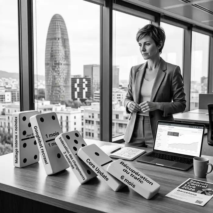 Délai indexation Google : dominos illustrant l'enchaînement entre maillage interne, recrawl de Googlebot, indexation, Core Update et récupération du trafic
