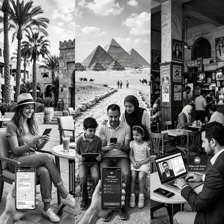 Trois voyageurs en Égypte avec l'eSIM Egypte : une touriste seule, une famille en partage de connexion et un professionnel en visioconférence.
