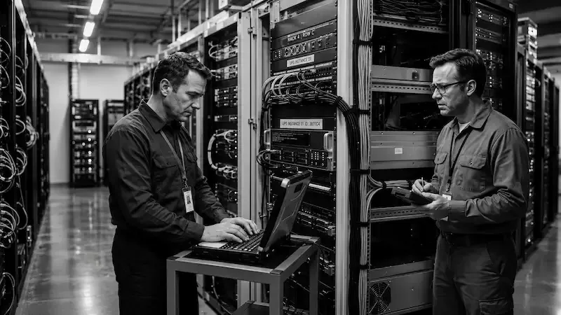Techniciens en centre de données assurant la maintenance d'une infrastructure d'hébergement VPS et de serveurs.