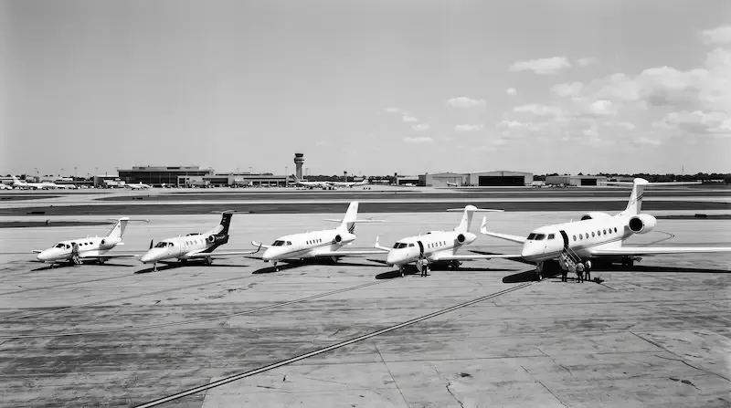 Acheter ou louer un jet privé : gamme de jets alignés sur un tarmac, du very light jet au jet intercontinental