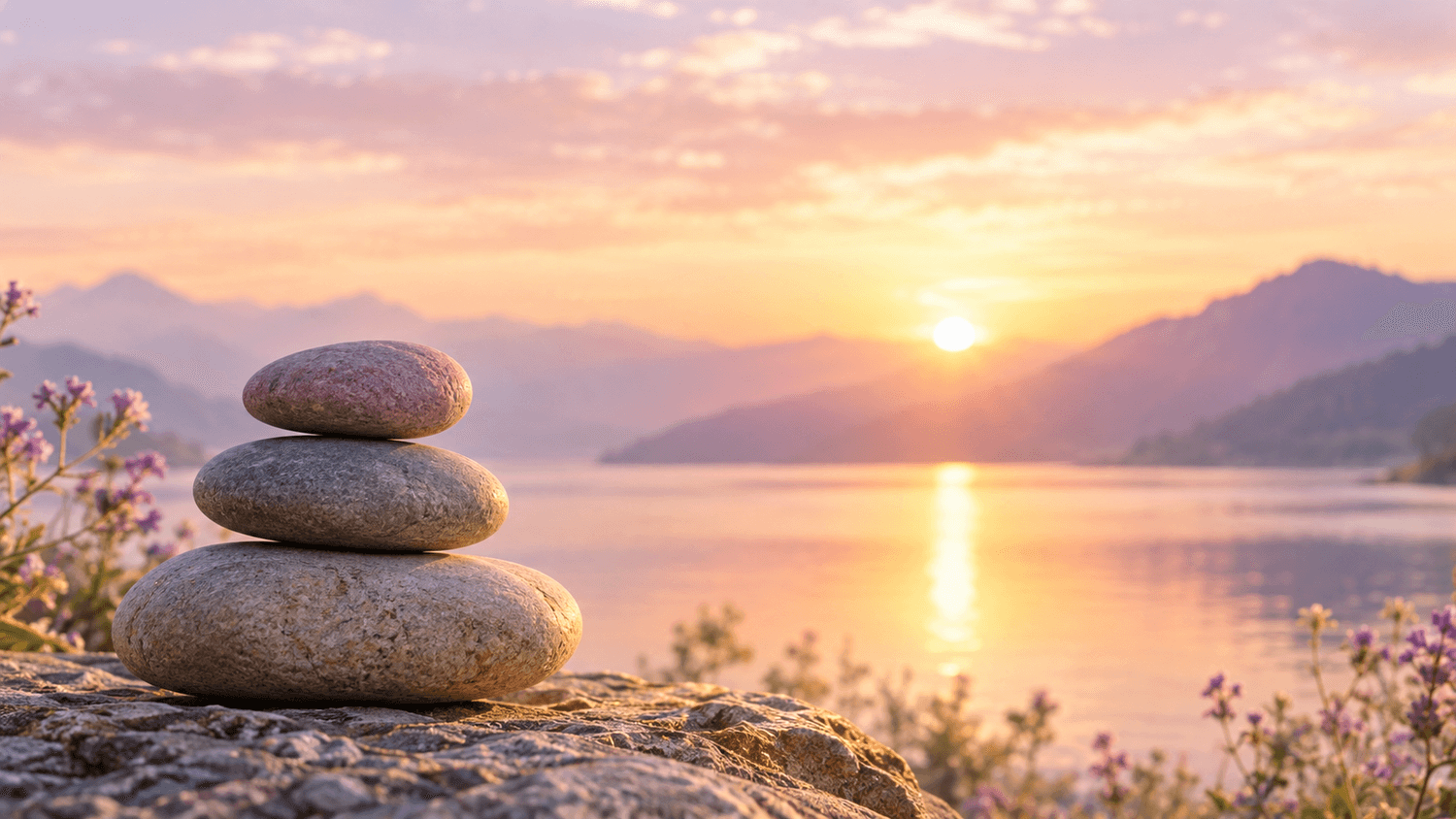 Three balanced stones beside a peaceful lake at sunset