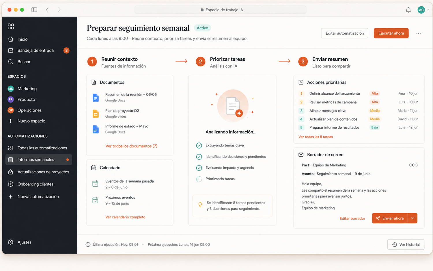 Ejemplo visual de un flujo de trabajo automatizado con Claude Cowork