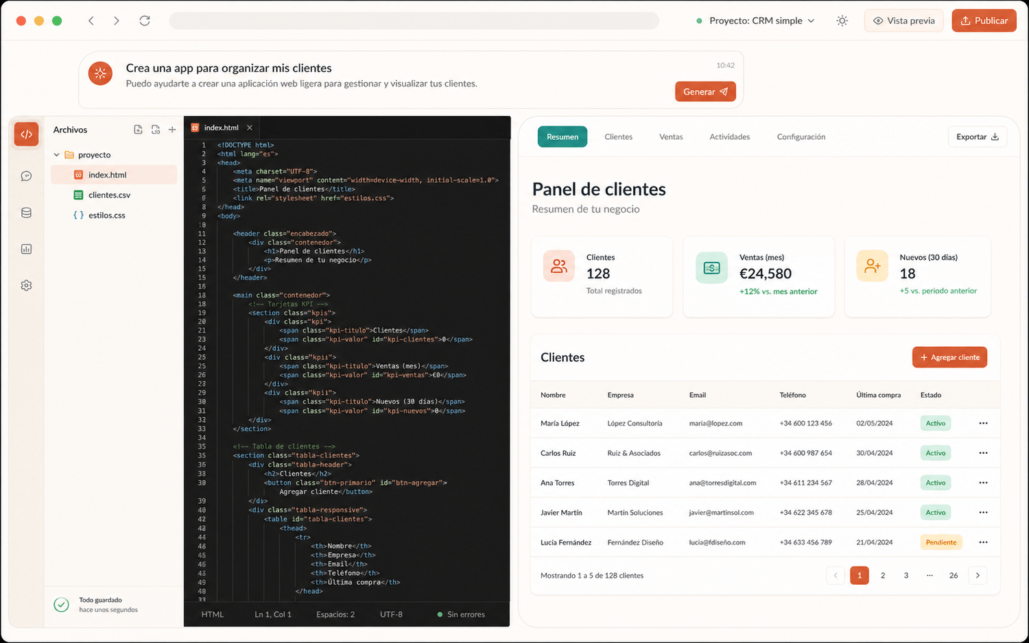 Ejemplo visual de una app de clientes creada con Claude Code