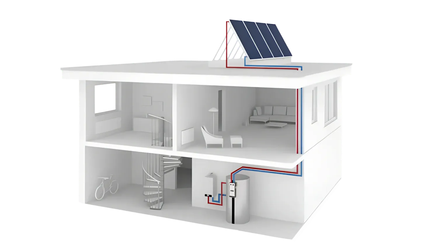Solarthermie-Anlage im Detail mit Warmwasserspeicher und Systemkomponenten