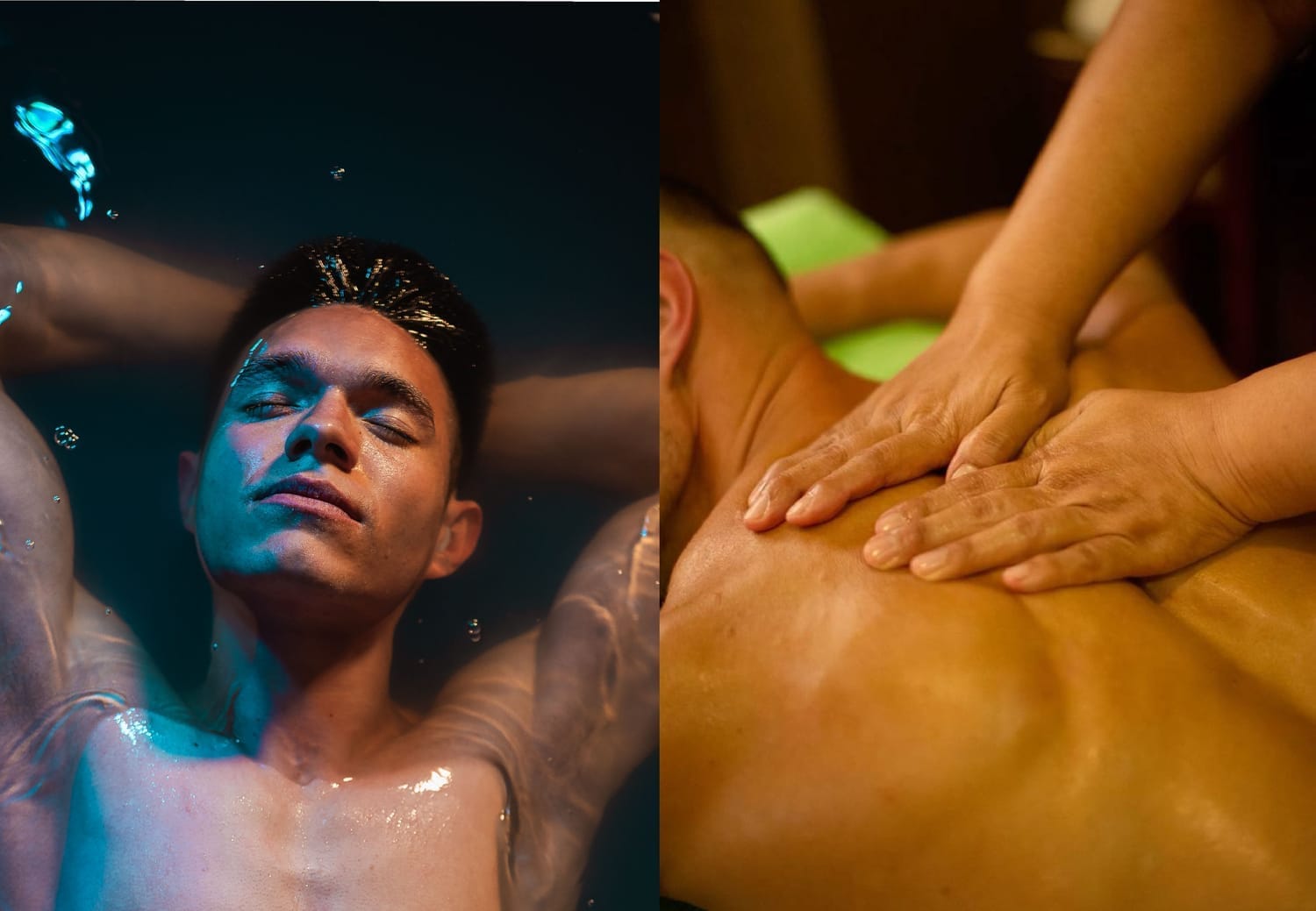 Flotación + Masaje Terapéutico - [Imagen de un hombre relajándose en flotación y recibiendo masaje]