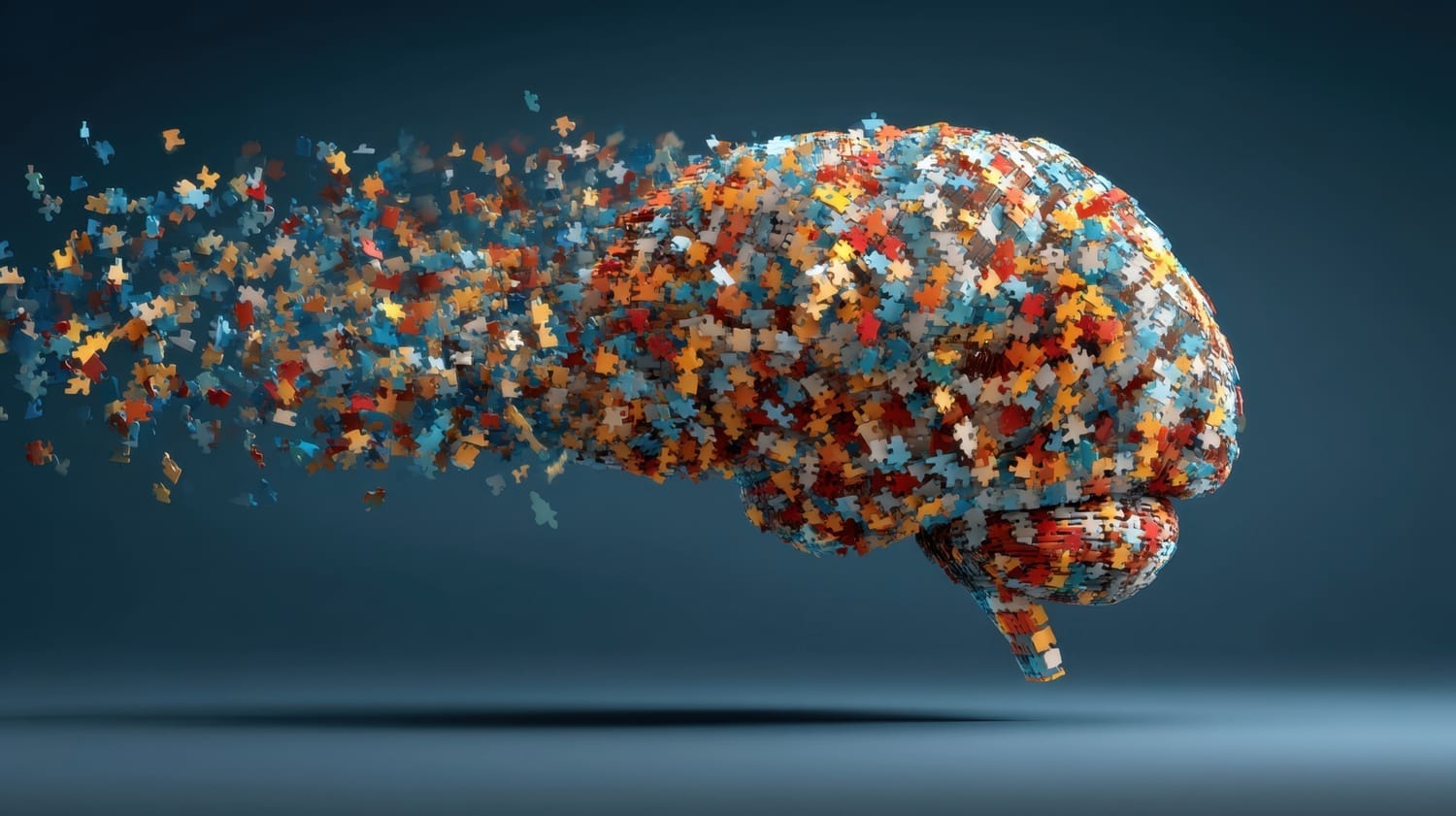 Brain with fragmented puzzle pieces representing attention fragmentation from social media