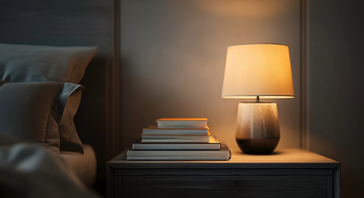Peaceful bedroom with books on nightstand instead of phone