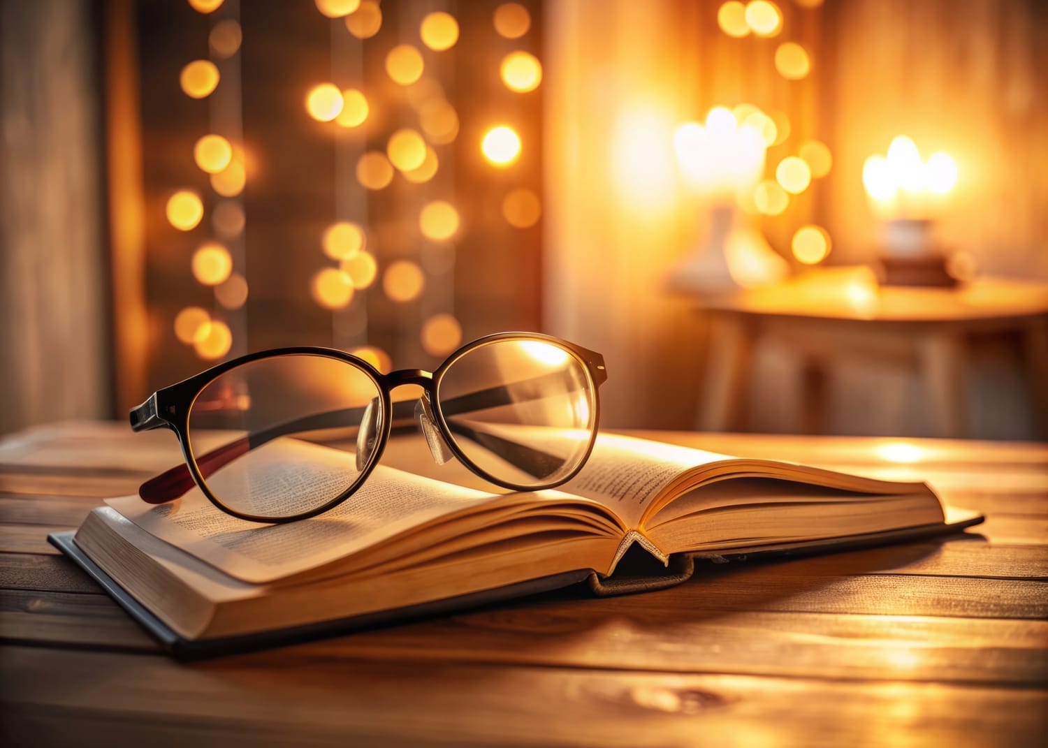 Book and reading glasses on table ready for focused reading time