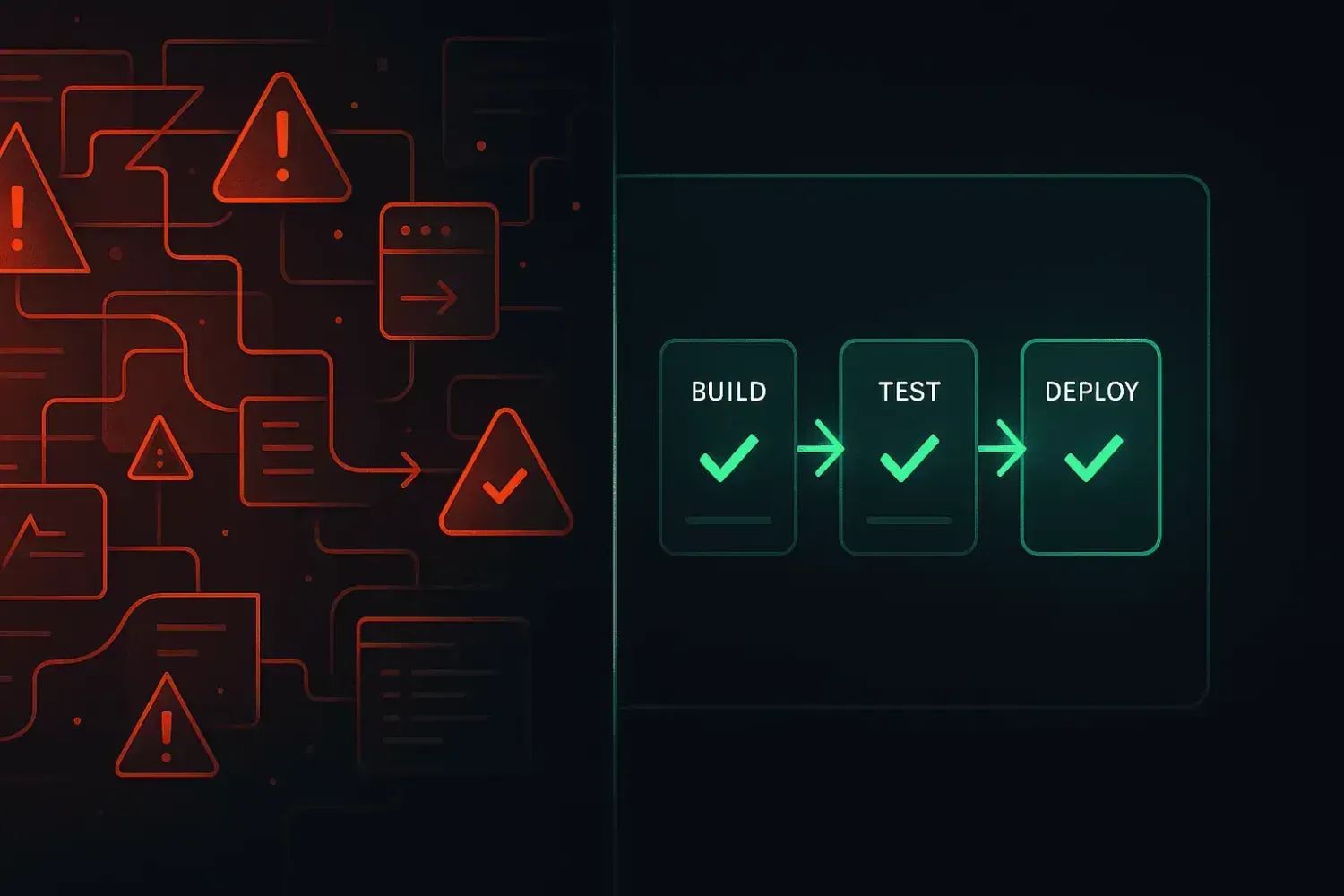 Ilustración de un desarrollador abrumado por múltiples errores en un flujo de despliegue, representando la frustración de los fallos en CI/CD antes de aplicar un método claro como Despliegue Cero.