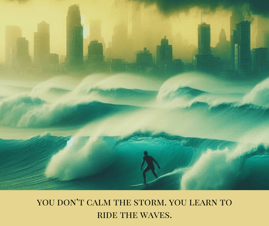 Surfer riding powerful ocean waves with a dramatic skyline in the background under stormy skies. Symbolic of navigating change, resilience, and adaptability in turbulent times.