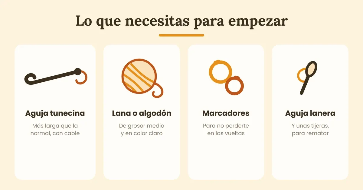 Materiales para empezar en ganchillo tunecino: aguja tunecina, lana, marcadores y aguja lanera