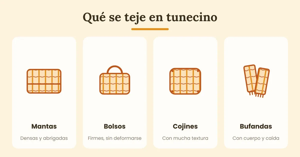 diferentes articulos como mantas, bolsos, cojines, bufandas para tejer en punto tunecino