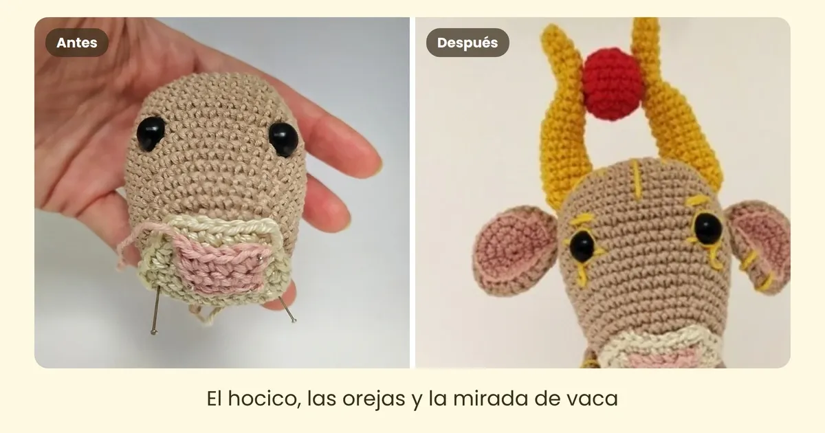 la cara de hathor amigurumi antes y despues del hocico y las orejas