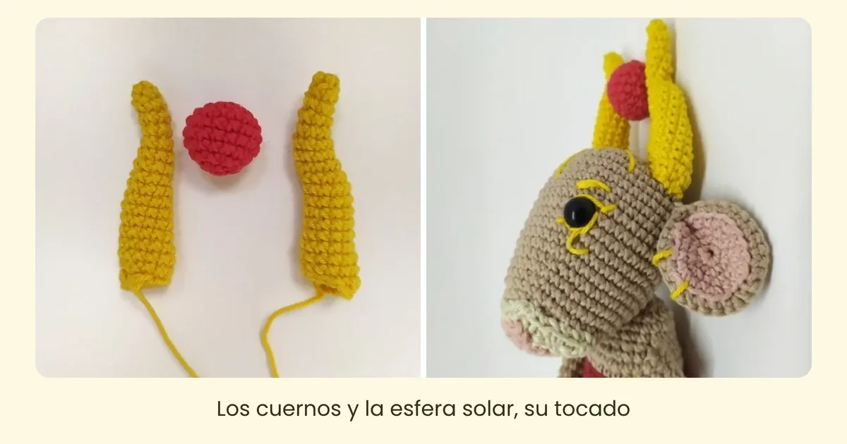 detalle de los cuernos y la esfera solar de hathor amigurumi