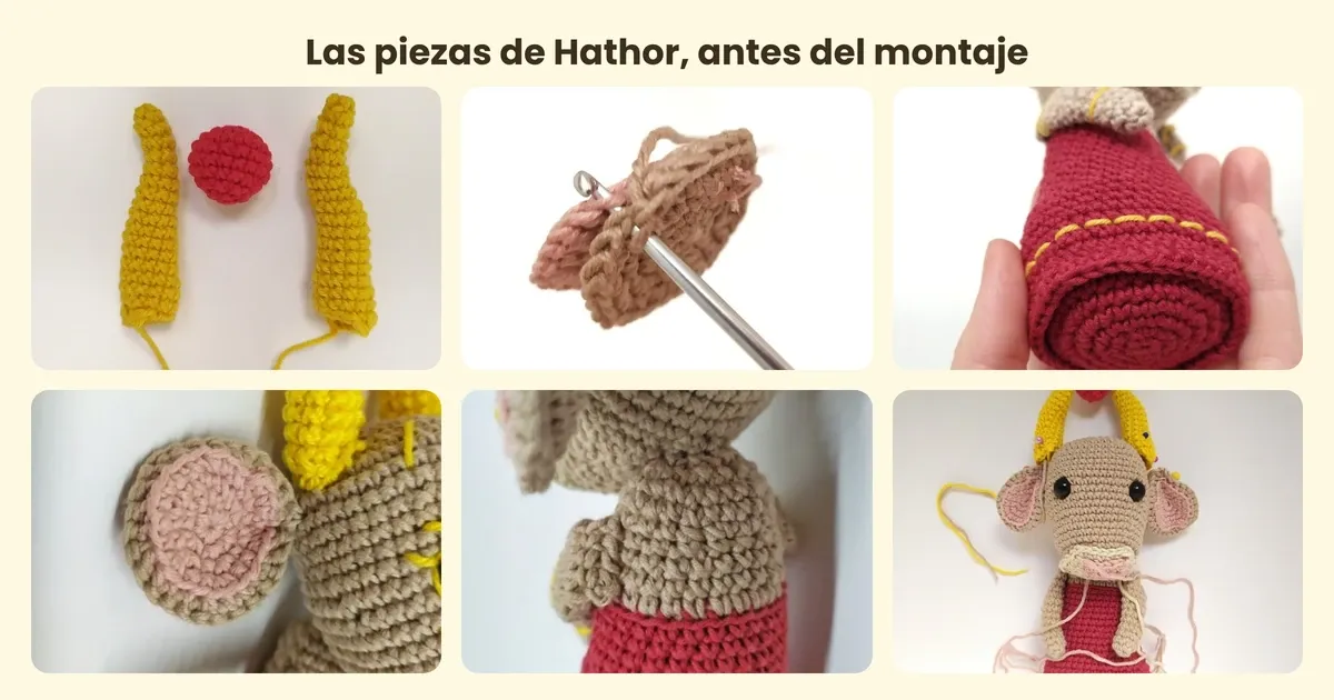 las piezas del patron de amigurumi de hathor antes del montaje