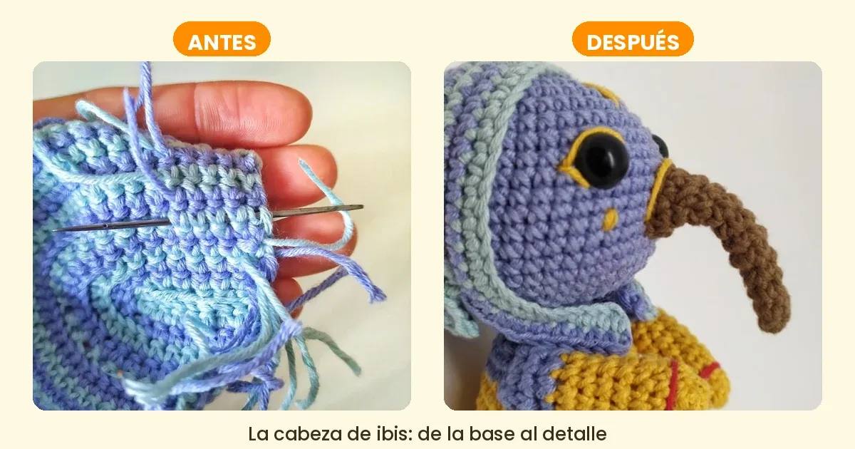 la cabeza y el pico de ibis de thot amigurumi antes y despues