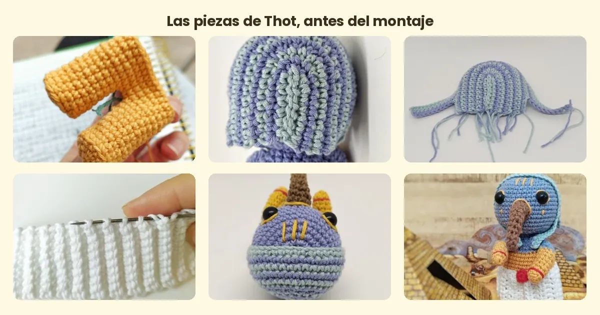 las piezas del patron de amigurumi de thot antes del montaje